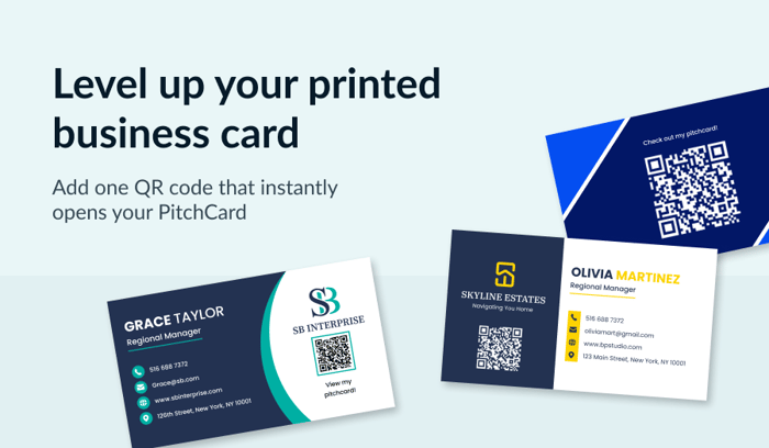 Level up your printed business card. Add on QR code that instantly opens your PitchCard