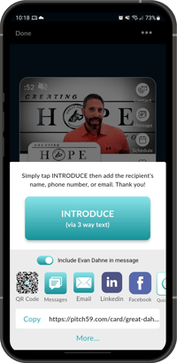 Pitch59 PitchCard sharing menu with text, email, copy-link, and QR-code options.